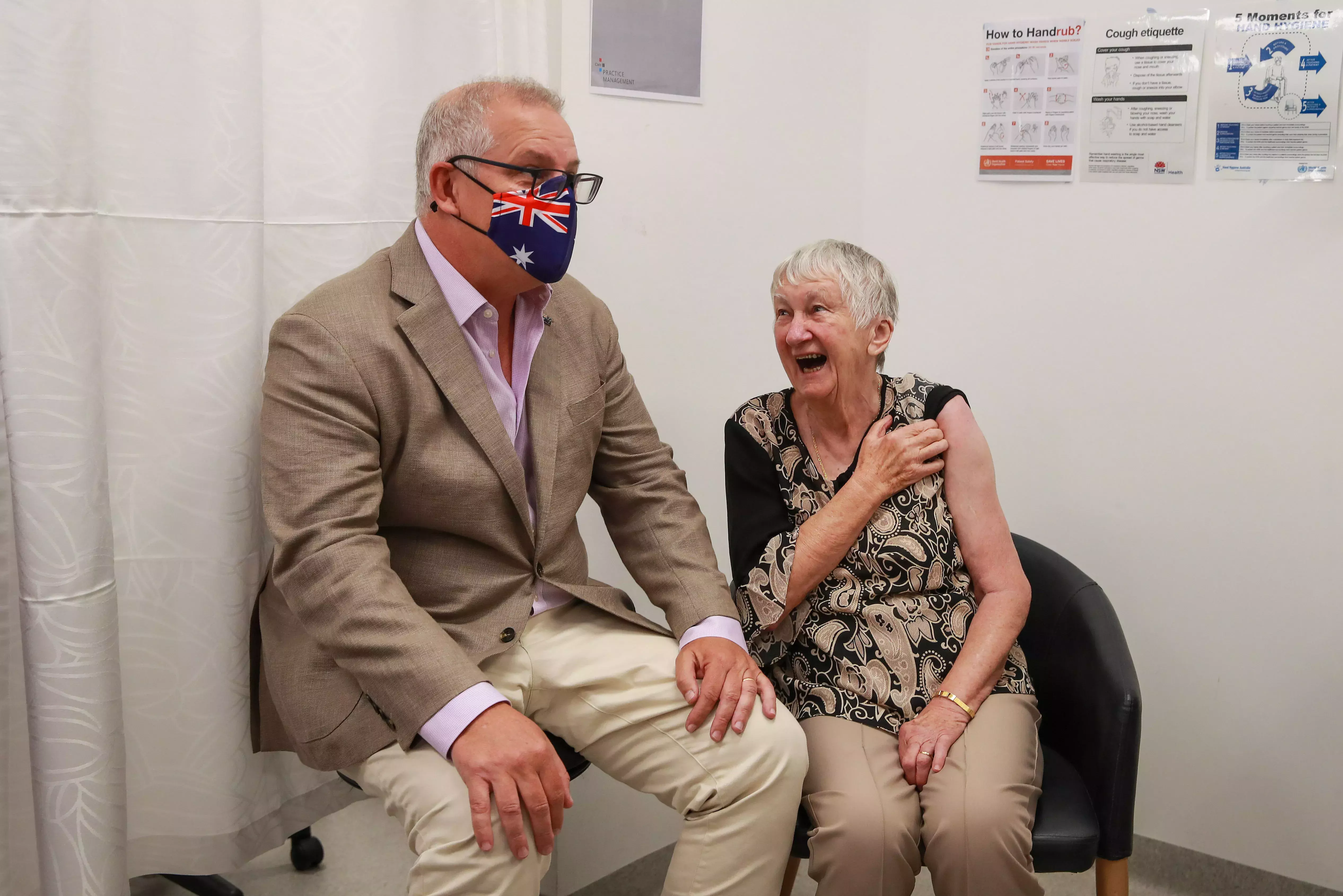 Prime Minister Scott Morrison with Jane Malysiak, an aged care resident, who was first person in Australia to have the Covid-19 vaccine, at the Castle Hill Medical Centre in Sydney, New South Wales.