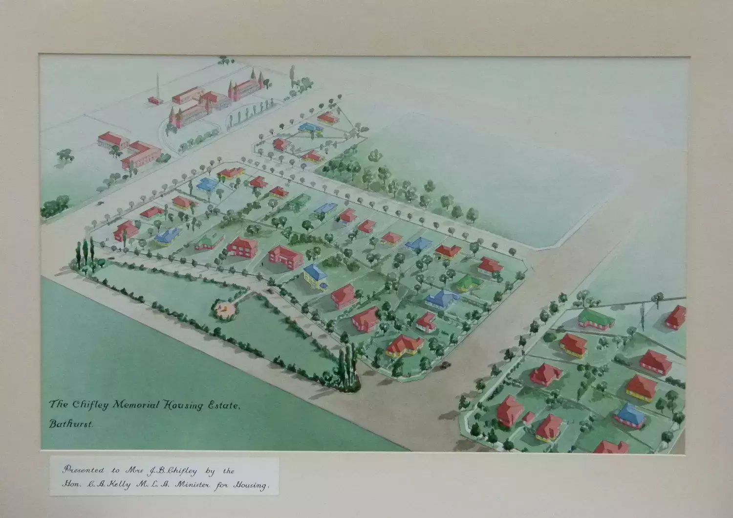 An artist’s impression of The Chifley Memorial Housing Estate hangs in the Sitting Room at Chifley Home.